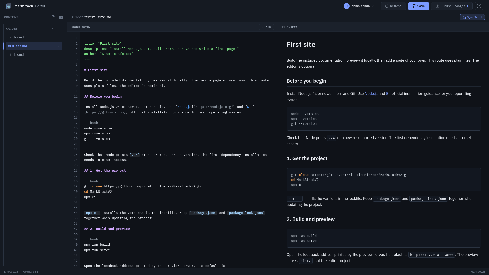 The optional V2 browser editor with Markdown source and live preview